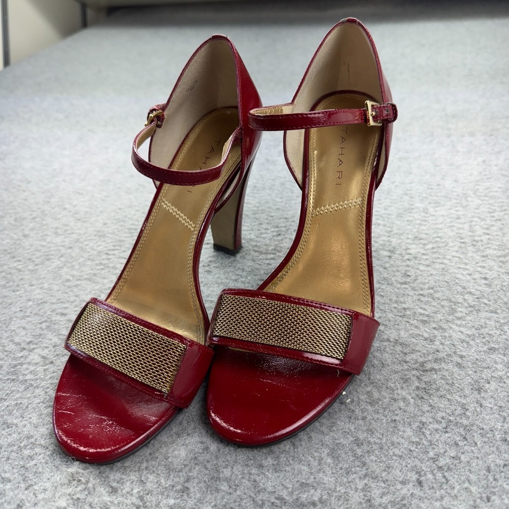 Tahari‎ Falcon Red Heels Size 8M Gold Accent Ankle Strap Open Toe Sandals